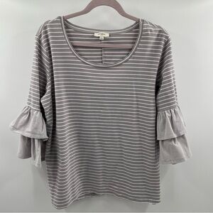 Umgee Grey White Ruffle 3/4 Sleeve Crew Neck Pullover Cotton Blend Top Shirt